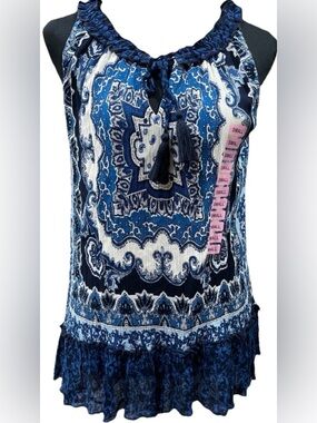 Bila Tank Top Small Rayon Gauze Floral Boho Blue Paisley Flounce Hem V neck